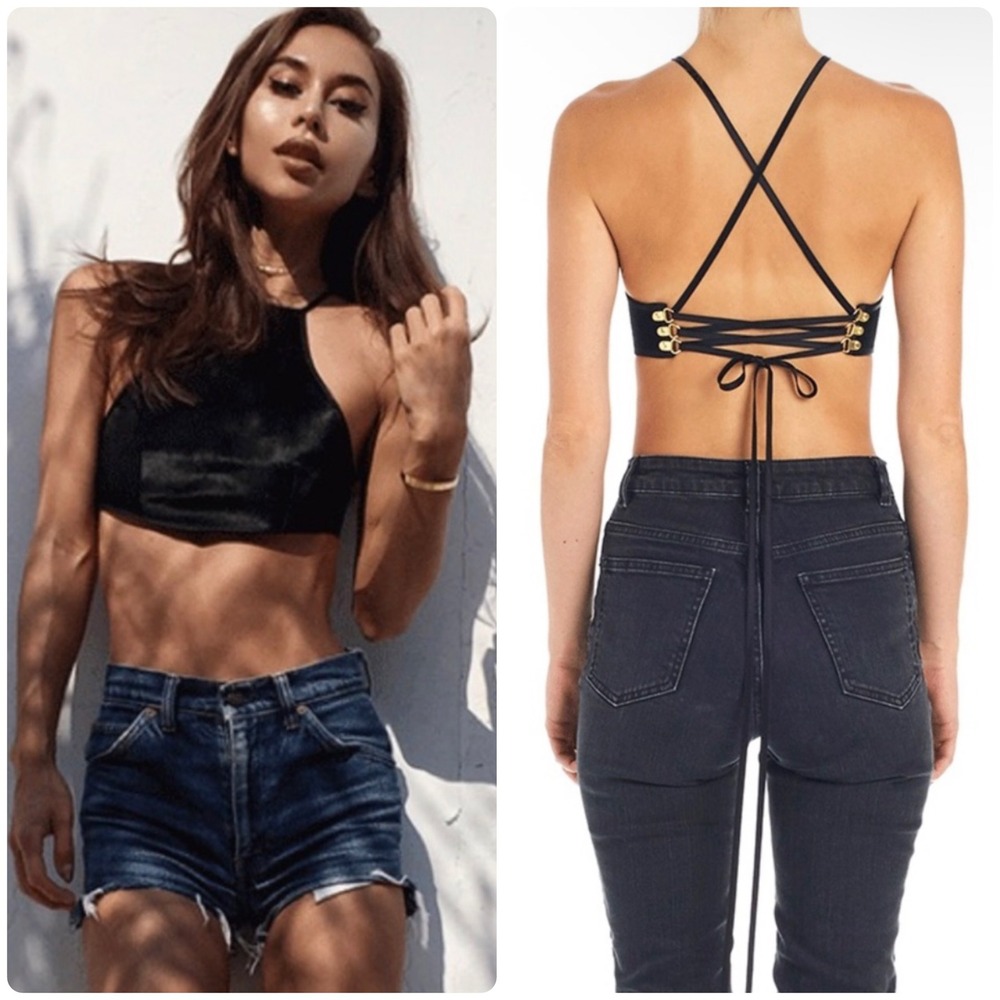 Are You Am I Womens Black 100% Silk Kass Bib Lace Up Back Halter Crop Top XS